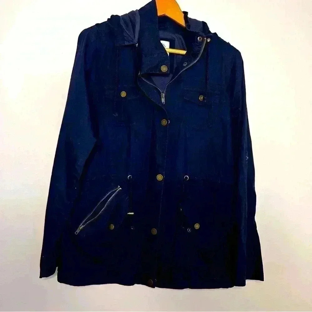 Johnny Los Angeles Navy Cotton Jacket, Zipper Detachable Hood, Drawstring Sz L